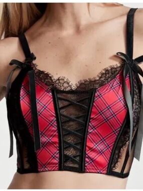 Victoria's Secret Black Bustier with Pink Plaid & Hot Pink Lining